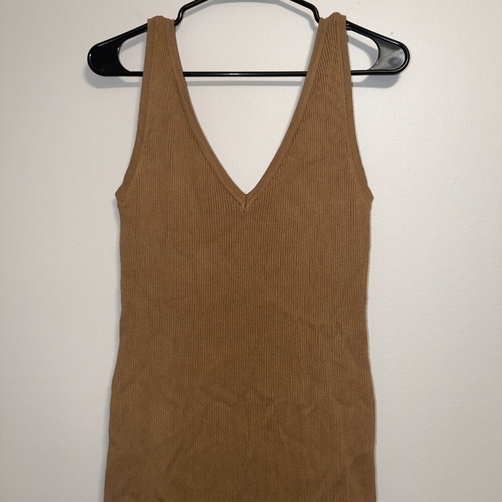 House of Harlow 1960 Brown Ribbed Knit V-Neck Midi Bodycon Dress Medium M - Picture 4 of 7
